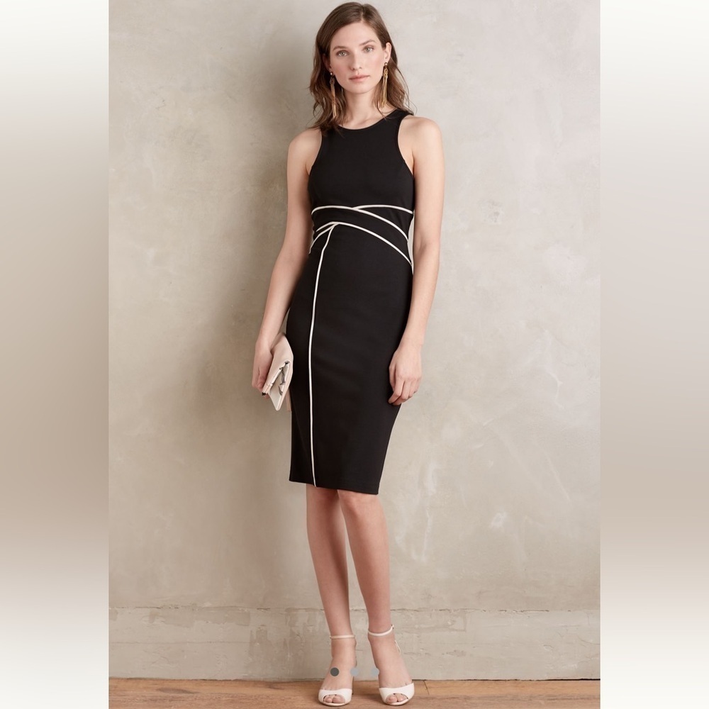 Anthropologie Maeve Cavatina Sheath Dress Black Sleeveless Contrast Piping 0